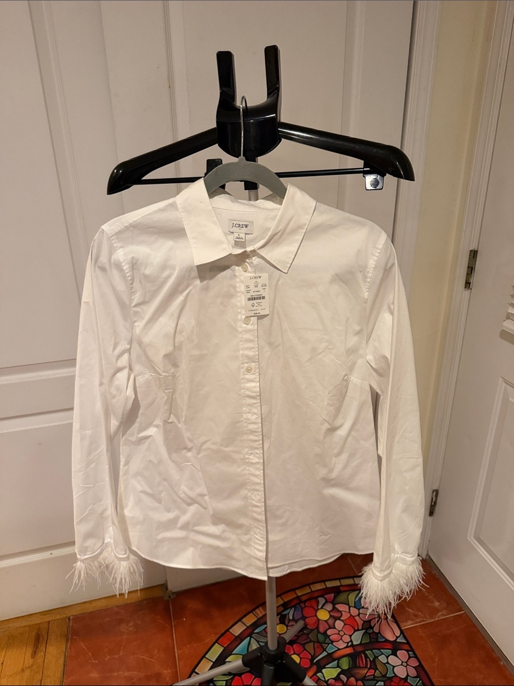 J. Crew Women’s White Button-Down Shirt with Feather Trim Size L NWT